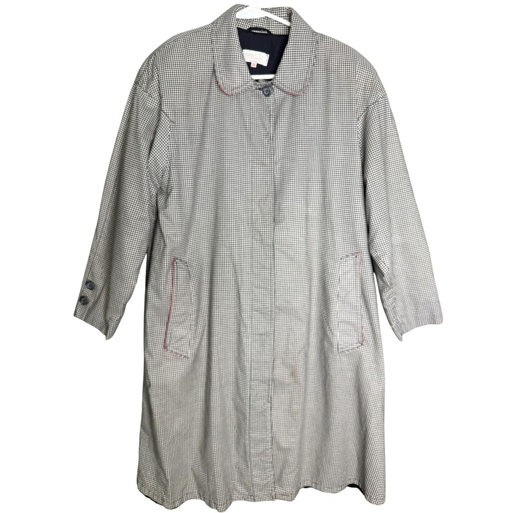 Vintage 70s Foxy Fashion Gingham Cotton Trench Coat Black White Red Trim Size 36